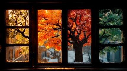 Autumnal Trees View Through Window with Seasons Concept, Fall Foliage, and Colorful.