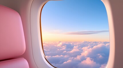 Soaring above fluffy clouds in a serene airplane cabin under a clear sky