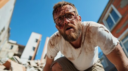 Zombie lurks in the ruins of an old house on Halloween night