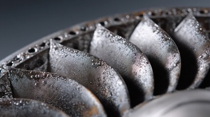 Restorative cold spray process meticulously coats damaged jet engine fan blades, enhancing their surface and ensuring optimal performance and longevity