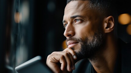 Thoughtful businessman sitting in cafe, staring out window, holding tablet and deeply reflecting on professional goals and innovative strategies