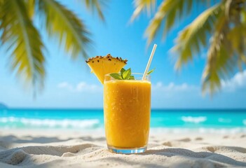 Refreshing tropical drink sits on sandy beach under palm trees on a sunny day
