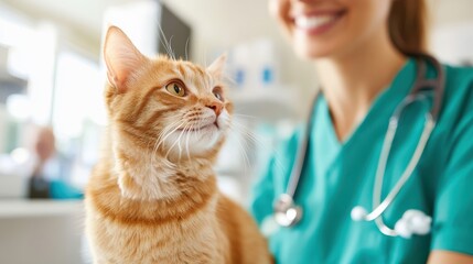 Caring veterinarian examines a friendly cat in a cozy clinic setting