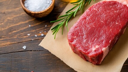 Freshly cut striploin steak garnished with salt and rosemary on wooden surface