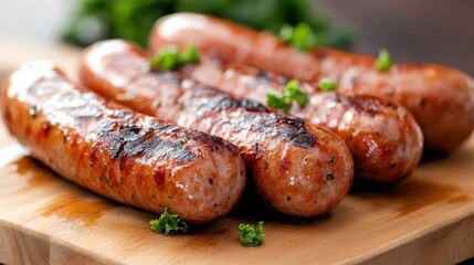 Grilled smoked sausages served with fresh kale on a wooden board