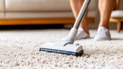 Cordless vacuum easily cleans carpet dust in chic living room