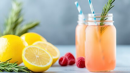 Refreshing raspberry lemonade infused with rosemary in sunny outdoor setting