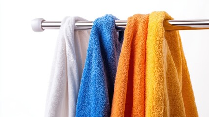 Brightly colored towels drying on rack against a clean white backdrop
