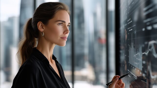 Professional female executive analyzing financial data on interactive touchscreen, modern workspace overlooking urban skyline - Powered by Adobe