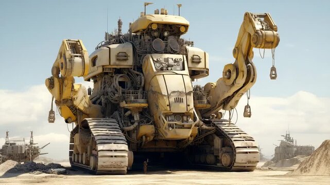  A large bulldozer situated at a construction site, surrounded by mounds of earth and construction materials The scene captures the rugged machinery in action, symbolizing progress, heavy 4K