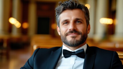 Handsome man in elegant suit relaxing in luxurious apartment interior