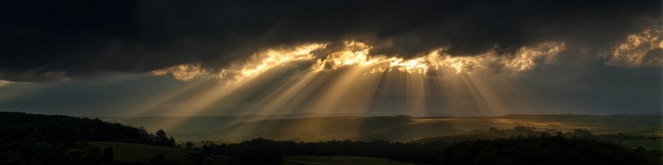 Fototapeta premium Dramatic light rays break through clouds nature panorama hdr 360 degrees viewpoint