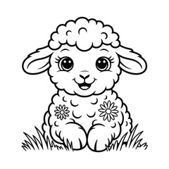 Fototapeta premium Cute Lamb in Grass Coloring Page - Adorable Farm Animal Outline