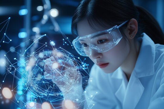 Asian Scientist examines floating holographic globe. Globe composed of connected neural data points. Globe reflects digital complexity, globe science mesh concept.
