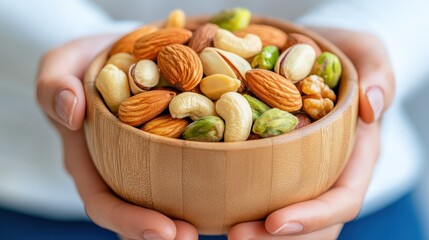 Holding a wooden bowl filled with healthy mixed nuts for a nutritious snack