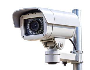 Close-Up Front View of White Security Camera Mounted on Construction Site, Isolated PNG