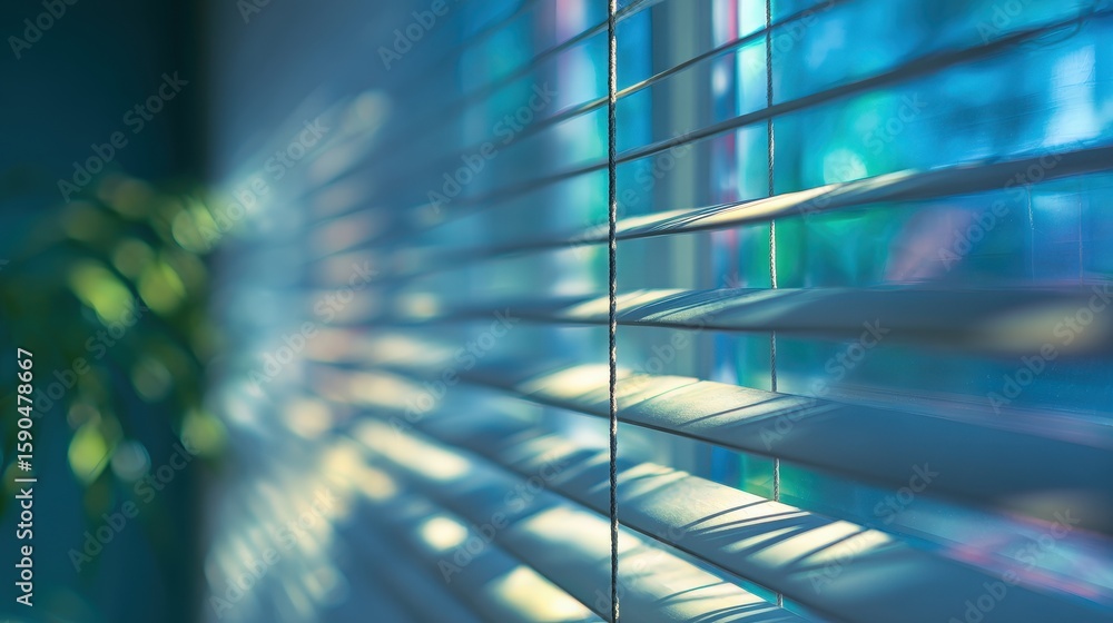 Aufkleber sunlight filters through partially opened horizontal window blinds, casting soft shadows and creatin
