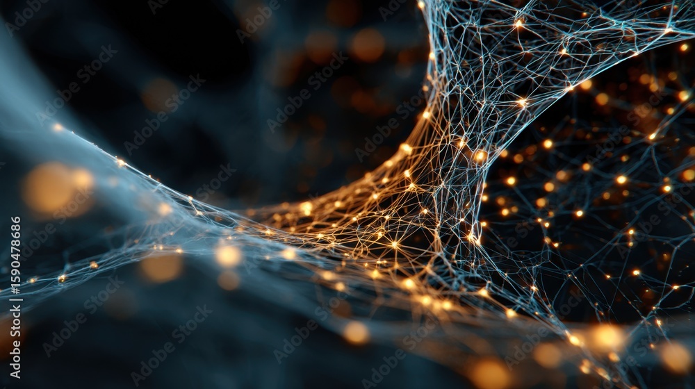 Poster golden electric current flows through a network of conductive threads, enhanced by intricate laser d