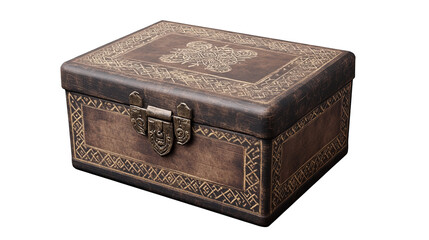 An antique leather treasure chest holding secrets and memories with ornate metal clasp and on transparent background