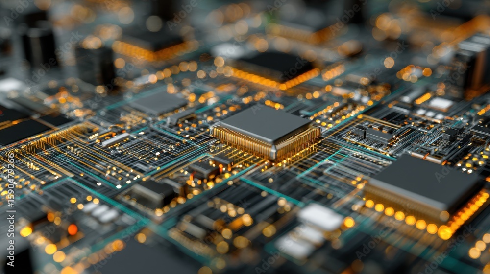 Poster closeup of a multilayer circuit board densely populated with tiny ai accelerator chips, each connect