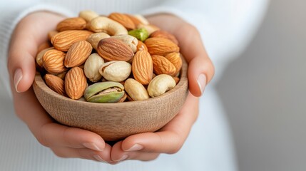 Holding a wooden bowl filled with healthy mixed nuts for a mindful snack