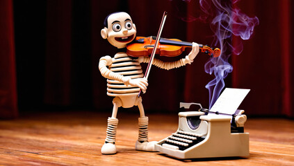 Segmented Figurine Playing Violin with Smoking Typewriter