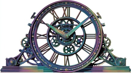 Ornate, iridescent clock with Roman numerals and visible gears, resting on a base