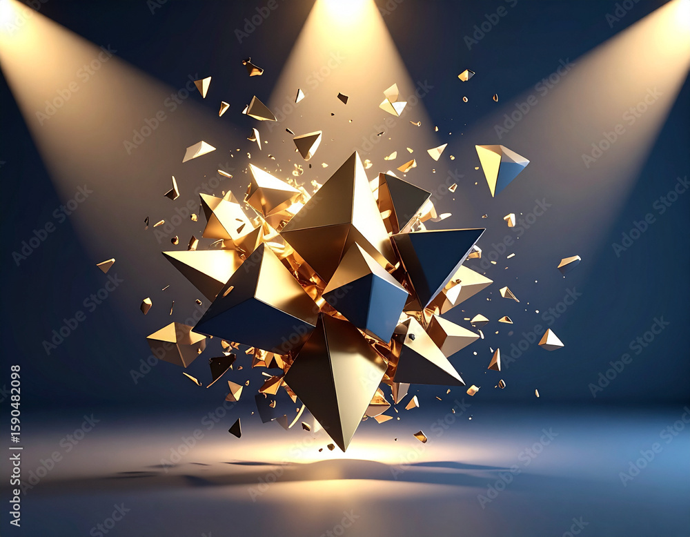 Poster an impactful abstract composition features shimmering golden and dark geometric fragments exploding 