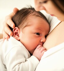 baby child breastfeeding from his mother, feeding on breast milk