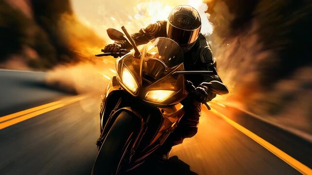A man riding a black motorcycle on a winding mountain road during golden hour, wearing a helmet and leather jacket, dynamic camera angles with cinematic lighting, dust trail behind the bike