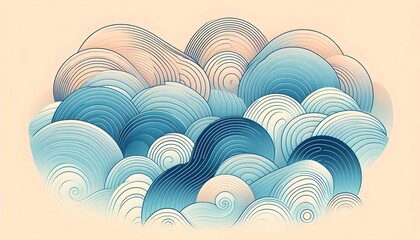 Seamless seigaiha pattern with stylized ocean waves, gradient blue arcs on soft minimal background