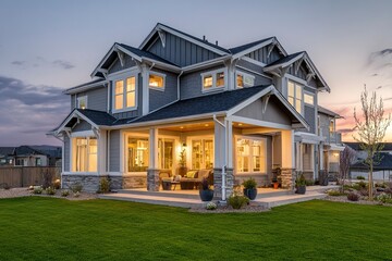 Obraz premium A beautiful home exterior at dusk with a front porch and patio lights on, a green grass lawn in the backyard of a luxury Craftsman-style house with white trim and grey shingle walls. 