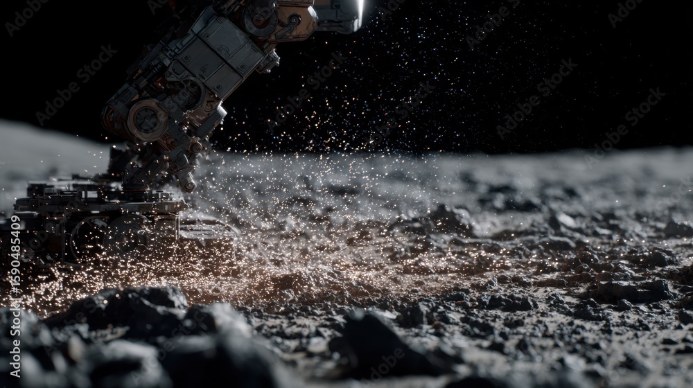 Poster swarmbot is actively mining basalt rock on the moon, creating a dust plume and scattering sparkling 