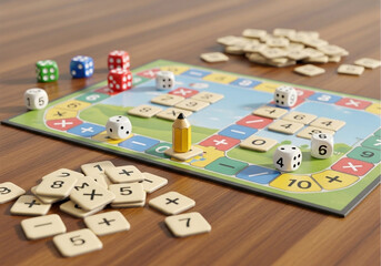 Math board game with dice and tiles for learning addition subtraction multiplication and division skills