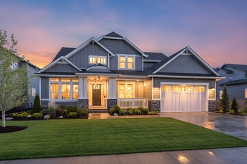 A beautiful home exterior at dusk with a front porch and patio lights on, a green grass lawn in the backyard of a luxury Craftsman-style house with white trim and grey shingle walls. 