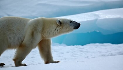 A solitary polar bear walks on a vast expanse of pure white snow, surrounded by stunning blue ice formations in the Arctic. - Powered by Adobe