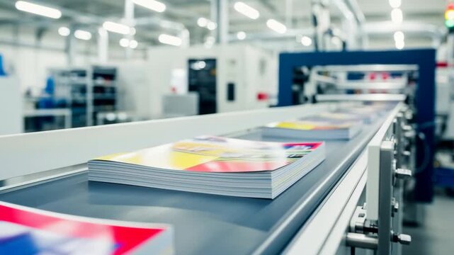 Stacks of freshly printed magazines are moving on a conveyor belt inside a printing house, showcasing the automated process of magazine production