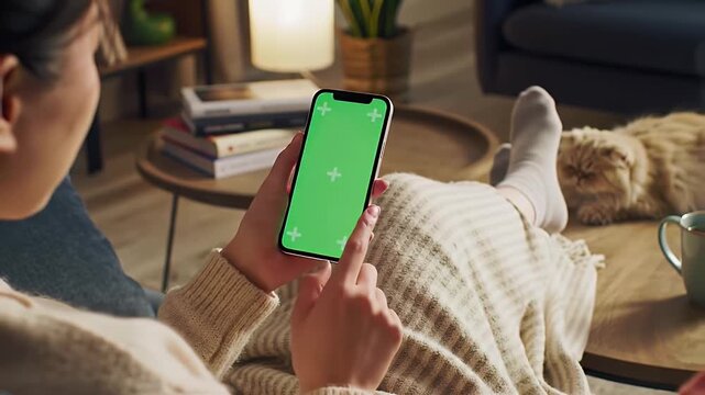 Person using phone with green screen while relaxing on a sofa in modern living room