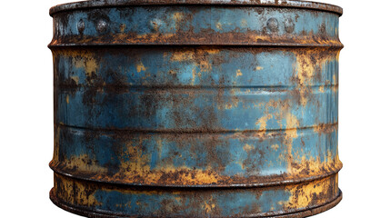 Fototapeta premium A weathered blue oil drum marked by time and the elements tells tales of forgotten industry on transparent background