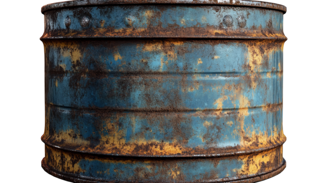 A weathered blue oil drum marked by time and the elements tells tales of forgotten industry on transparent background