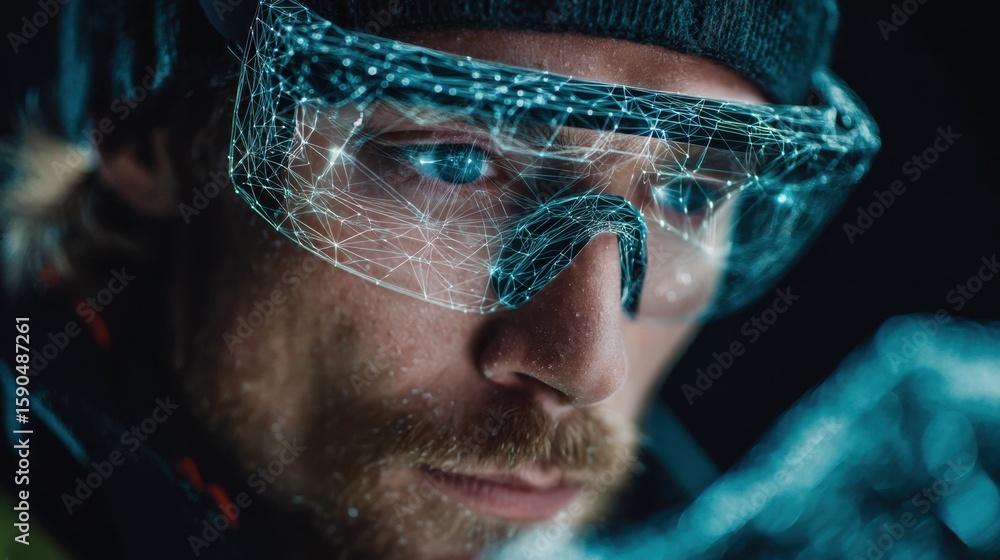 Poster quality control professional wearing smart glasses and beanie, carefully examining augmented reality
