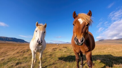 Fototapeta premium Majestic Icelandic horses engaging in courtship on sunlit plains