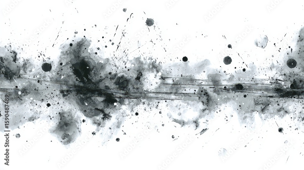Poster abstract black ink splatters and washes spread across a white background, intersected by fine horizo