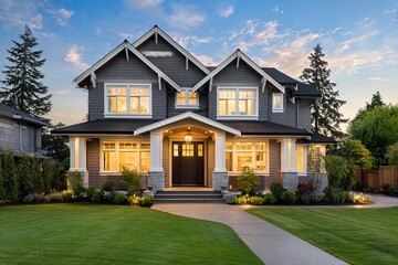 Obraz premium A beautiful home exterior at dusk with a front porch and patio lights on, a green grass lawn in the backyard of a luxury Craftsman-style house with white trim and grey shingle walls. 