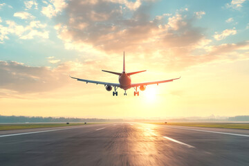 Airplane descending towards runway during golden hour sunset