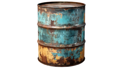 Evocative barrel of forgotten dreams hinting at resilience and decay with aged paint fading on transparent background