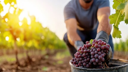 Grape picker harvests ripe fruit in sunlit vineyard during harvest season