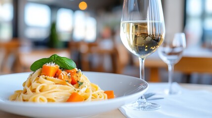 Delicious Italian pasta dish in Burano, Venice during a sunny evening