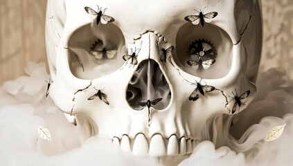 Human Skull Model with Insects and Smoke