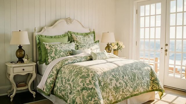 Serene bedroom interior with green leaf patterned bedding and natural light